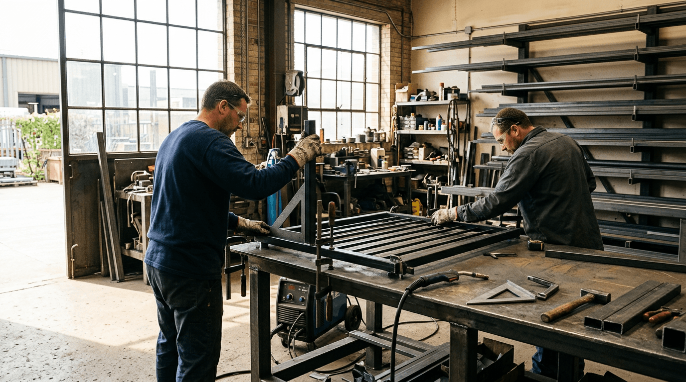 Two fabricators in safety glasses and gloves assembling a black steel gate frame on a workshop bench