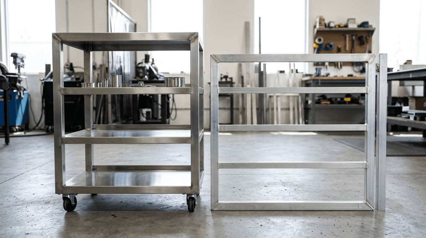 Brushed stainless steel shelving unit beside a lightweight aluminum gate frame in a workshop
