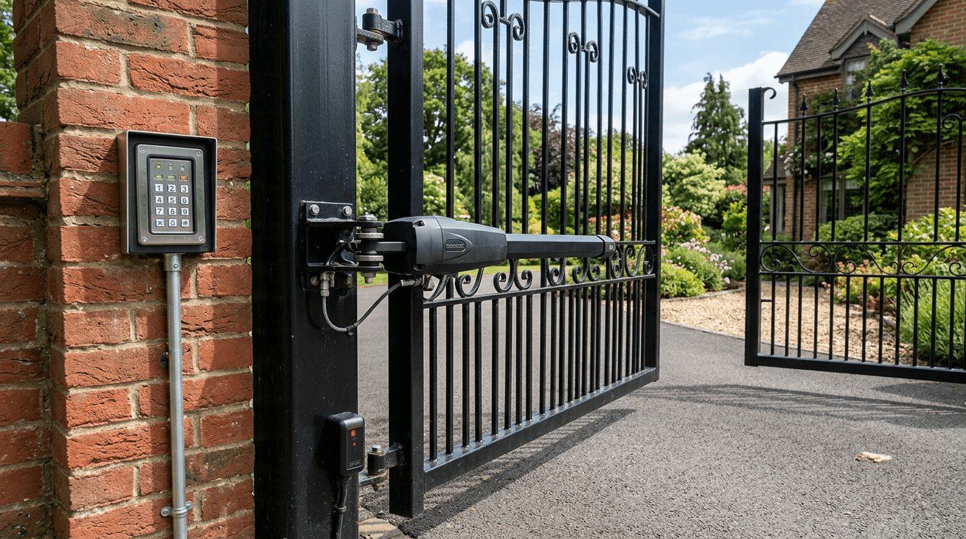 Swing gate operator arm, keypad on a brick pillar and safety sensor at a black steel driveway gate