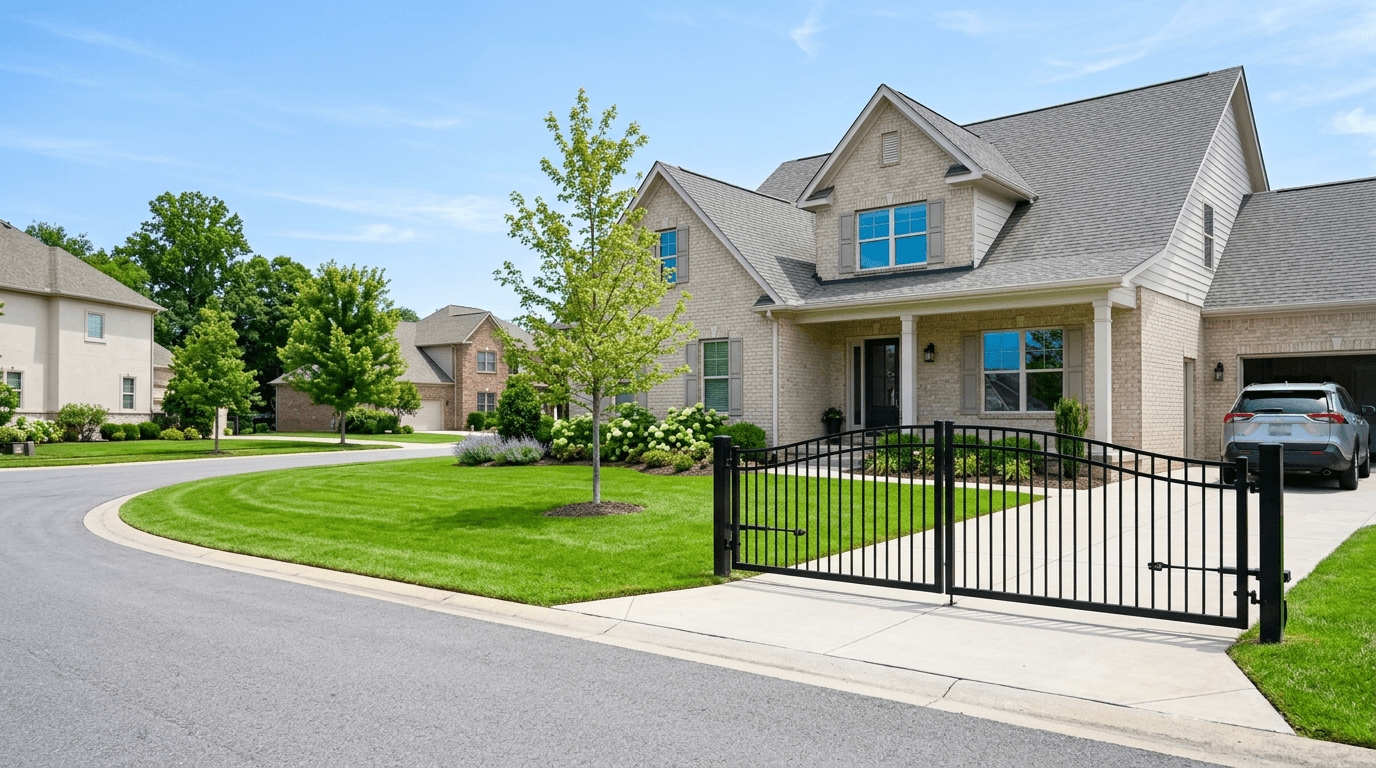 Suburban driveway closed by a black steel double swing gate in front of a light brick home