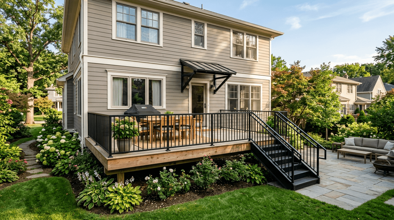 Raised backyard deck with black steel railing, stair handrail and a small steel awning