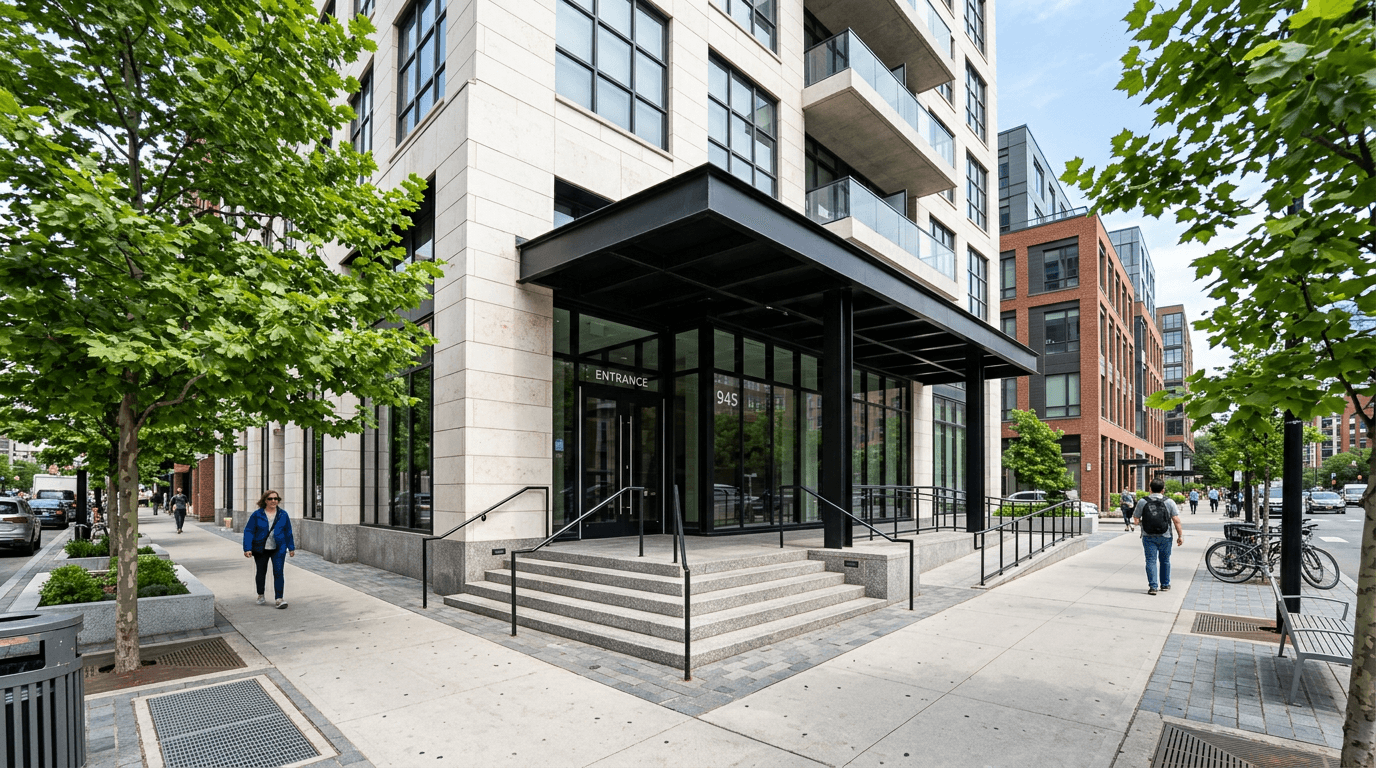 Urban mixed-use building entrance with a black steel canopy and stair handrails