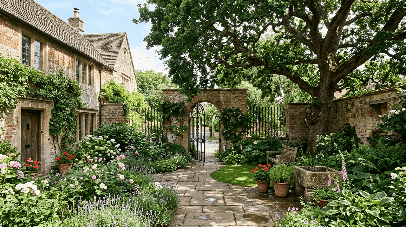 Arched black iron pedestrian gate and fence panels at a courtyard garden of a brick and limestone house