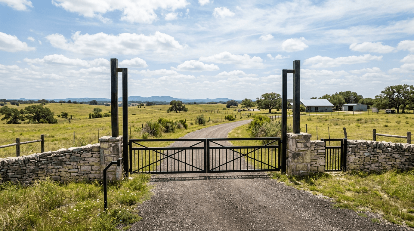 Wide black steel ranch entrance gate between heavy steel posts and a limestone wall