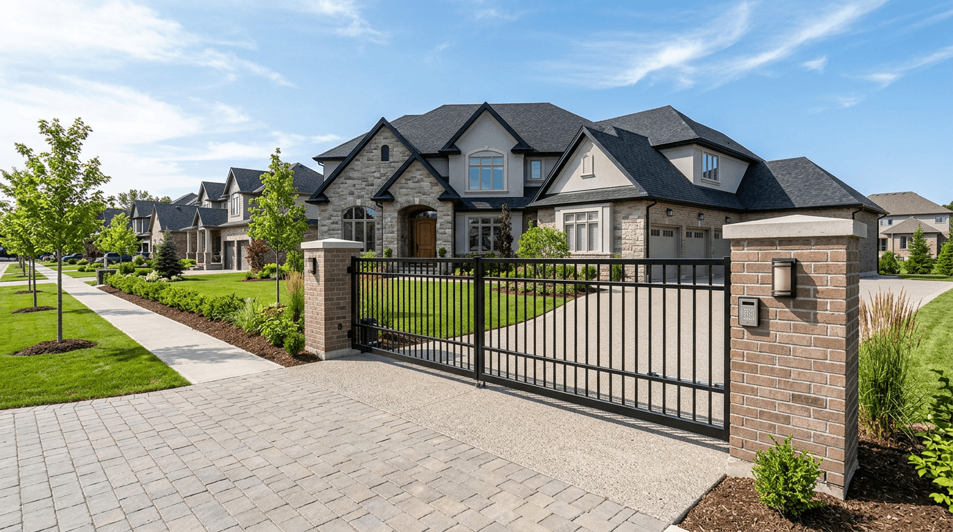 Motorized black steel driveway gate between brick pillars with a keypad on one pillar