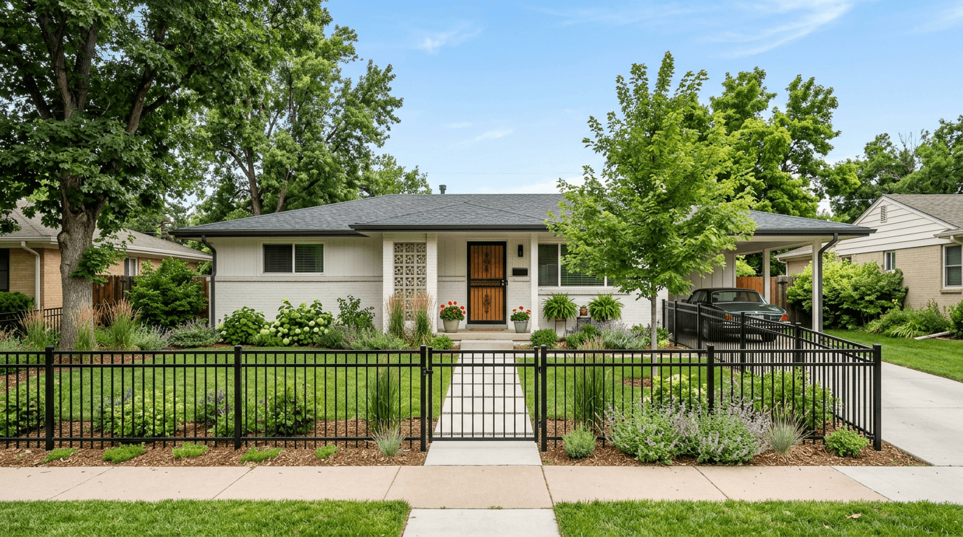 Mid-century ranch home with a black steel front fence, matching gate and steel security door