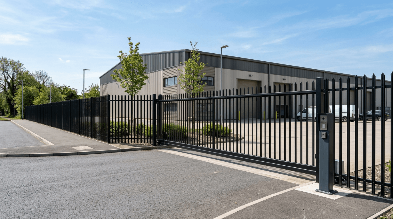Tall black steel security fence and wide sliding gate at a business park perimeter