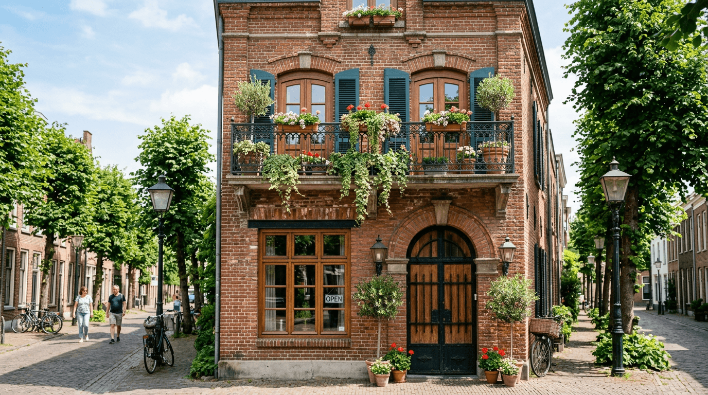 Older brick building with a second-floor balcony and black wrought-iron style railing