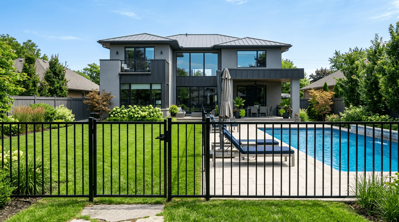 Black steel picket fence with a self-closing gate around a backyard pool area