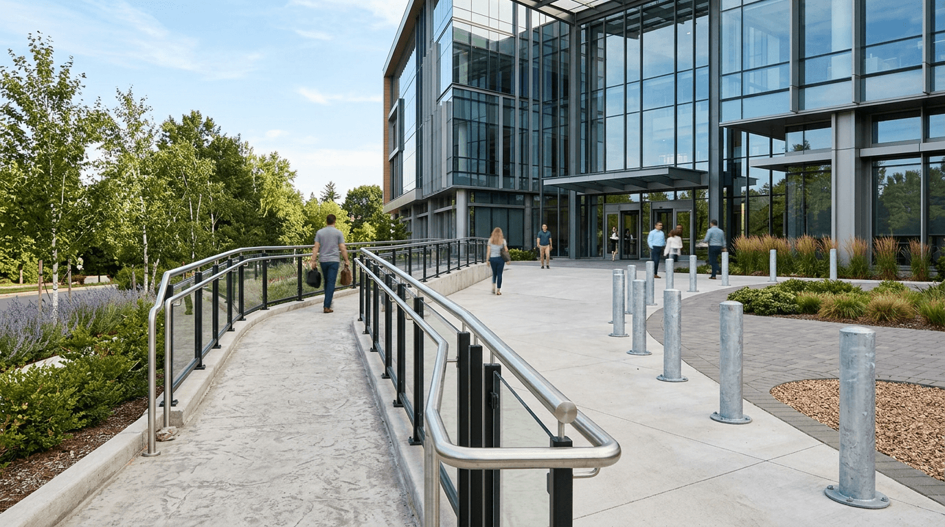 Office campus entrance with a long steel handrail along a ramp and galvanized bollards