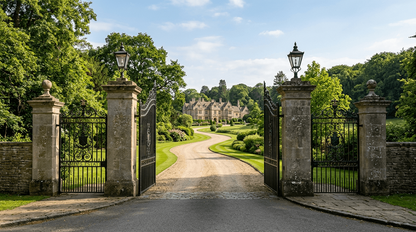 Tall ornate black iron double gates between stone columns at an estate entrance with a curved driveway