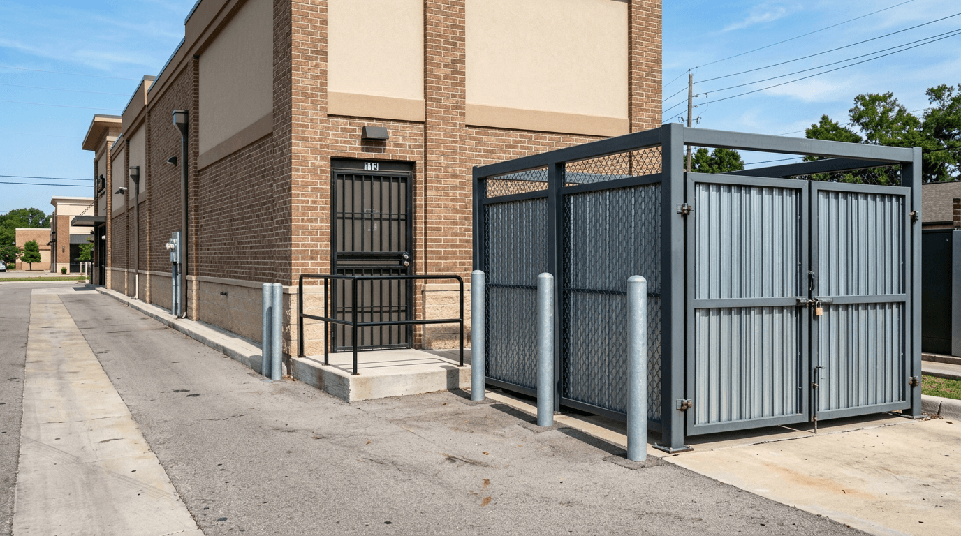 Steel dumpster enclosure with double gates, galvanized bollards and a security gate at a retail service area