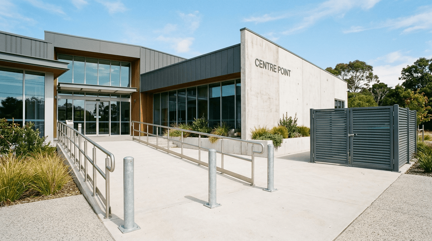 Commercial plaza entrance with a steel handrail, protective bollards and a dumpster enclosure with swing gates