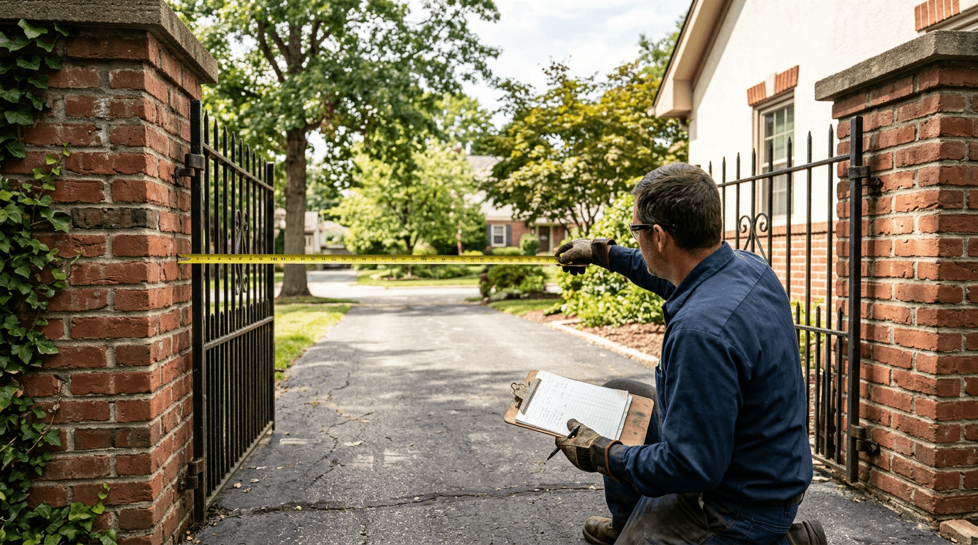 Fabricator measuring a driveway gate opening between two brick pillars with a tape measure