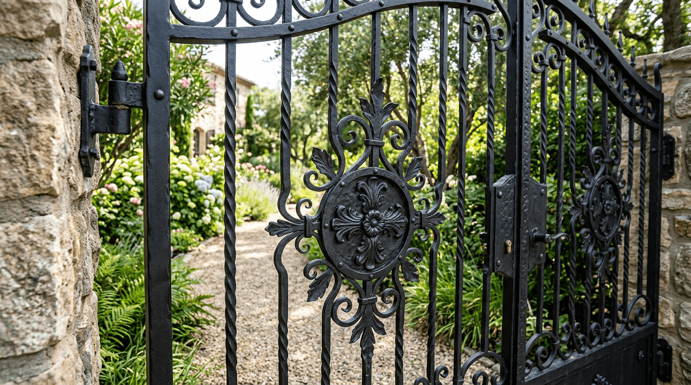 Black double-leaf entry gate with hand-forged scrollwork and a center medallion on stone columns