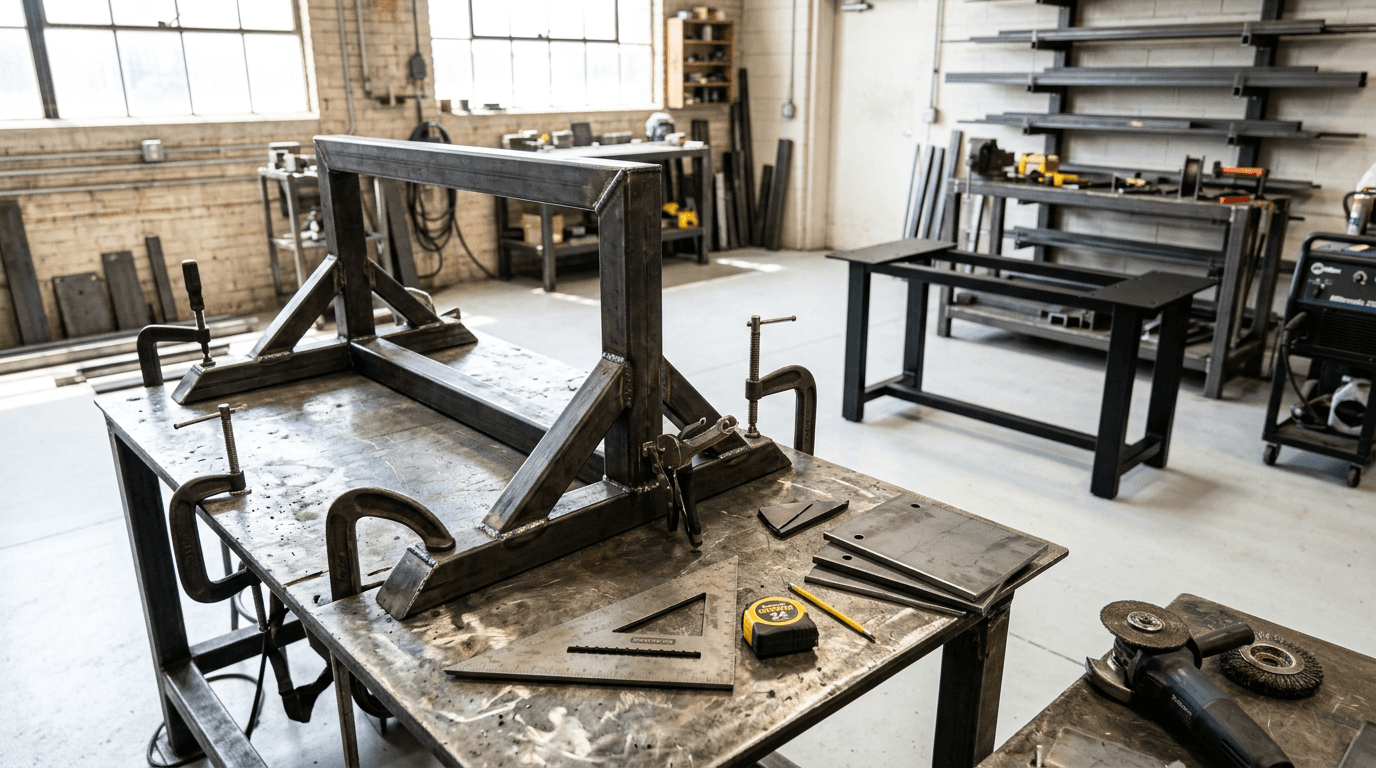 Custom welded steel frame, brackets and plates on a fabrication table with measuring tools