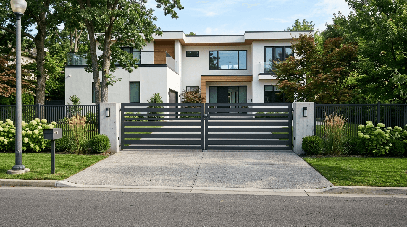 Charcoal flat-top steel swing gate with horizontal slats across a driveway in front of a modern white house
