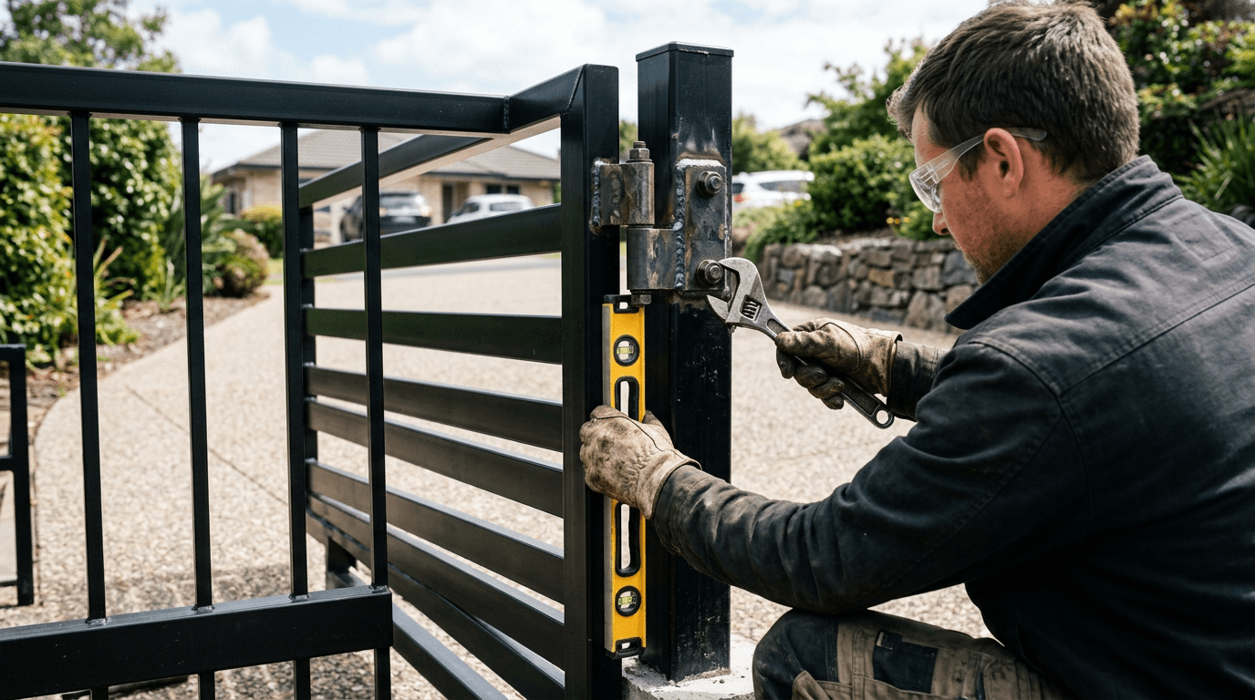 Fabricator adjusting a heavy steel hinge on a black swing gate with a level and wrench