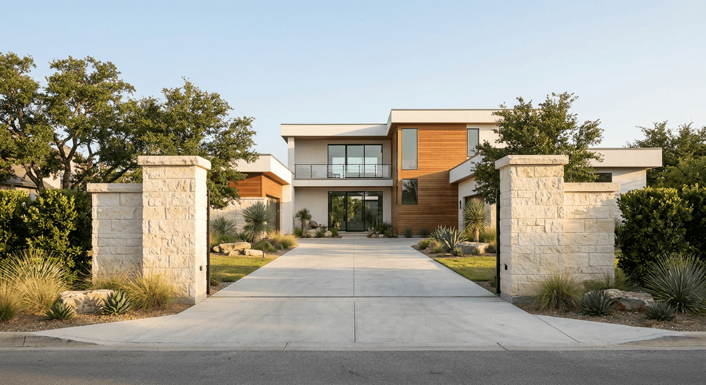 Contemporary white stucco and cedar home seen straight on from the street, with an open driveway entrance between two limestone pillars