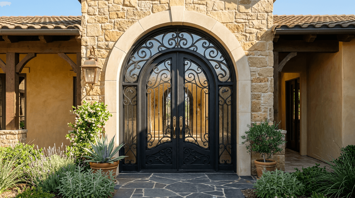 Arched double iron entry door with glass panels and scrollwork in a stone entryway