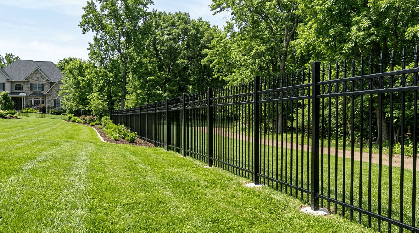 Long run of black ornamental steel fence panels with spear-top pickets along a sloping green lawn