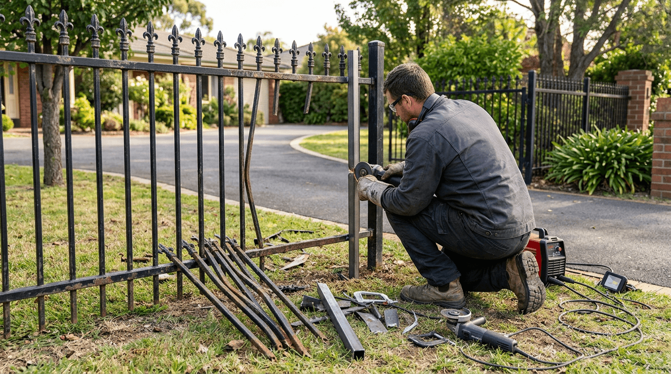 Fabricator fitting a replacement picket into a damaged iron fence panel
