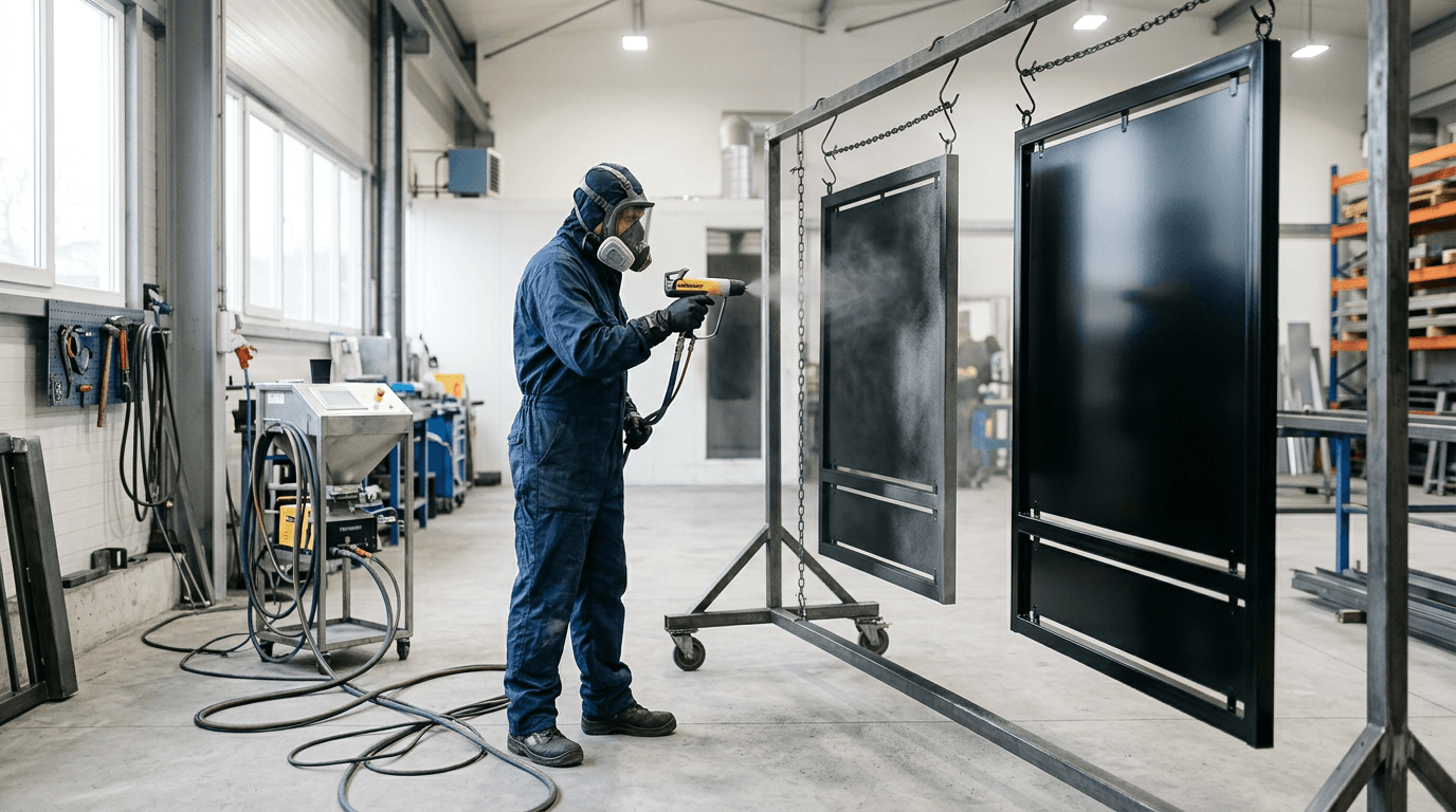 Technician in a respirator spraying satin black powder coat on steel gate panels