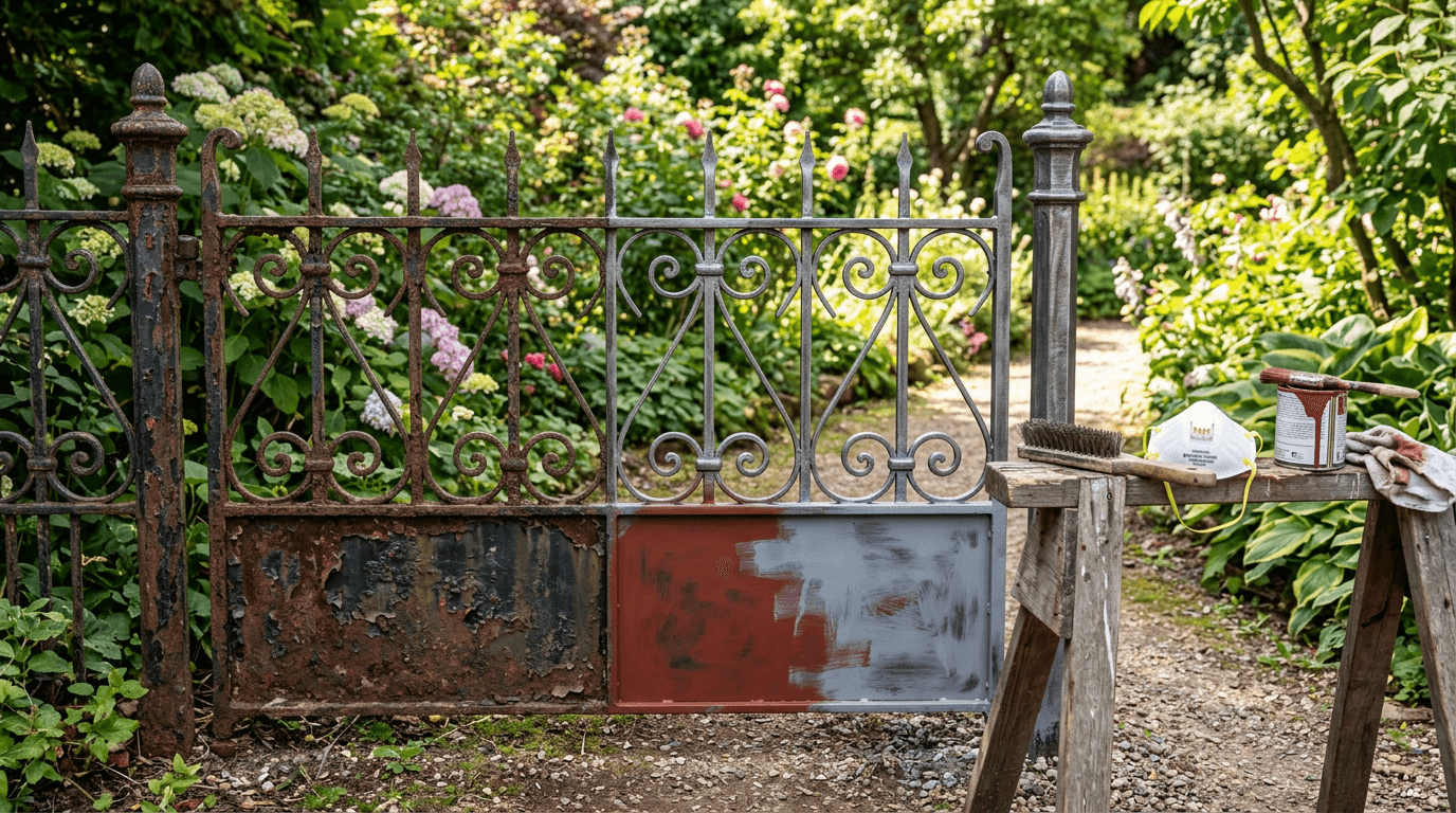 Iron fence section half rusted and half cleaned and primed, showing restoration progress