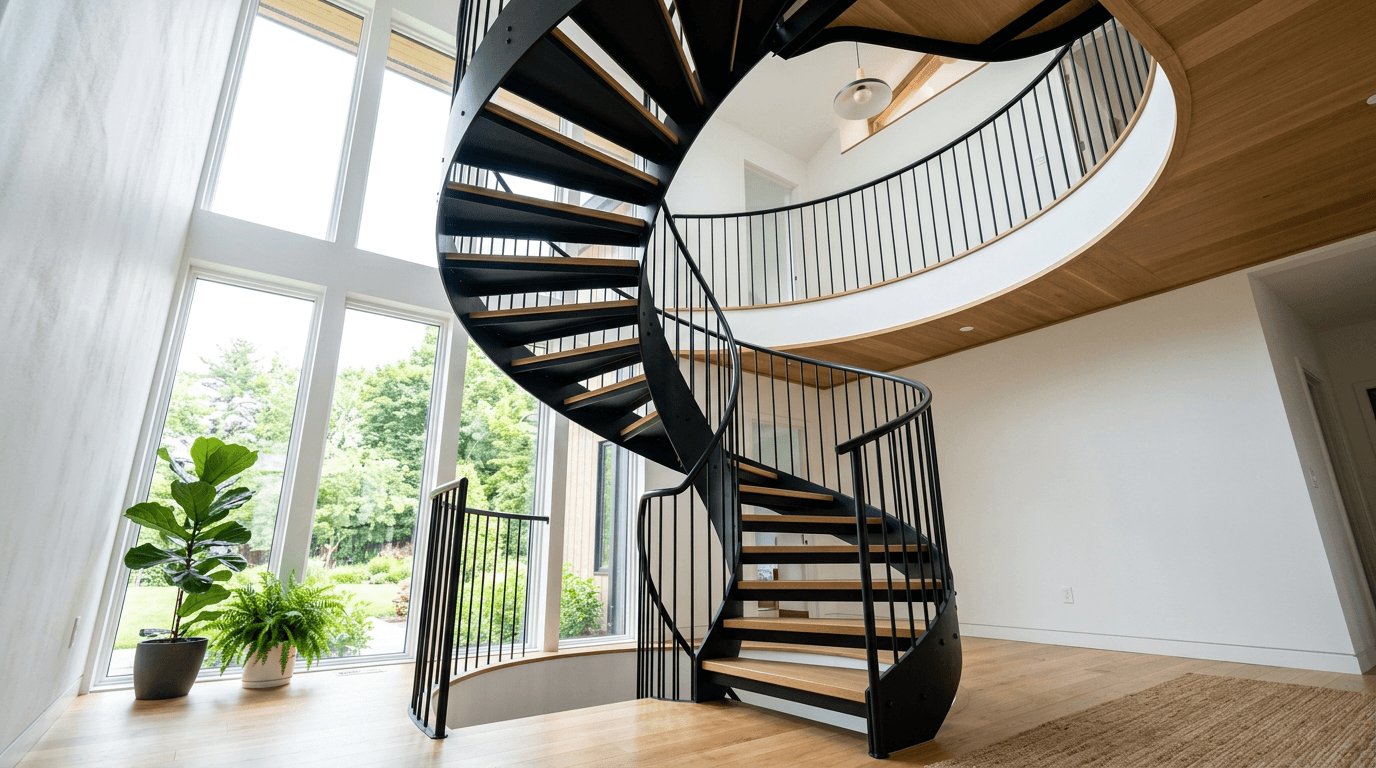 Black steel spiral staircase with wood treads in a bright modern home