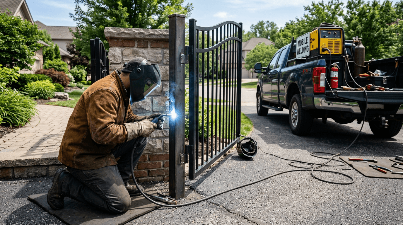 Welder in a helmet, leather jacket and gloves welding a gate hinge at a residential driveway beside a service truck