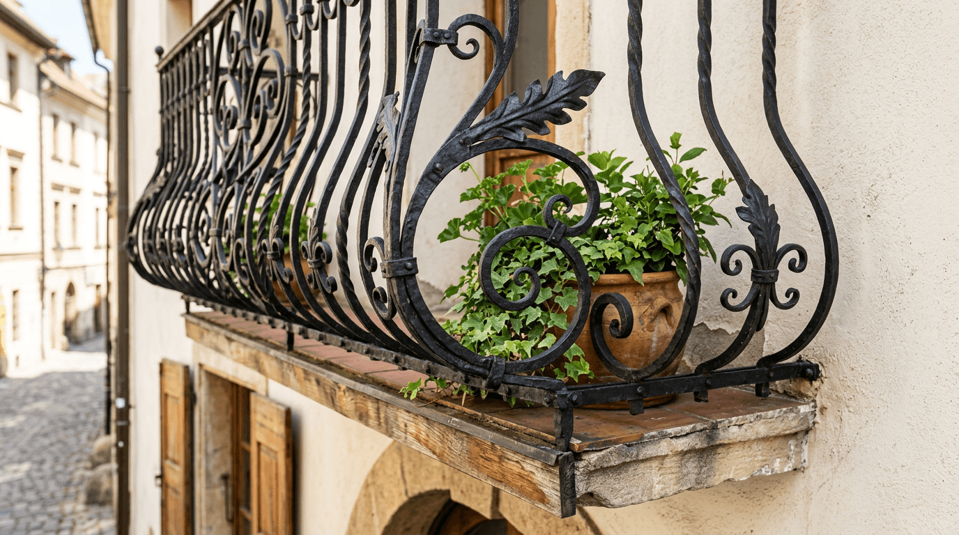 Ornamental black iron balcony railing with hand-formed scrolls and twisted pickets on a stucco wall