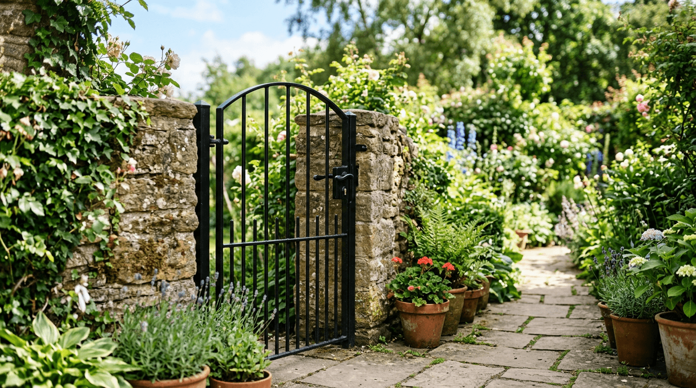 Narrow black steel walk gate with an arched top set in a short stone wall beside a garden path