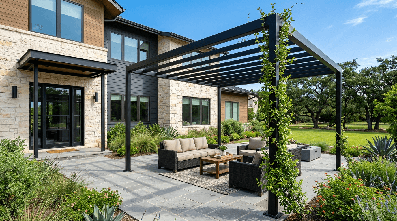 Black steel pergola over a stone patio beside a modern home with a steel entry canopy