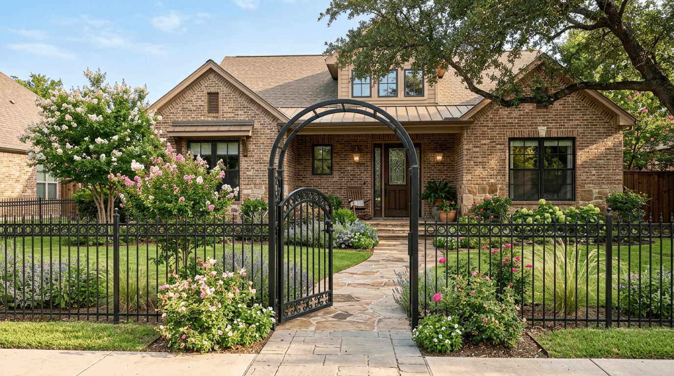 Brick home with a black ornamental steel front fence and arched pedestrian gate