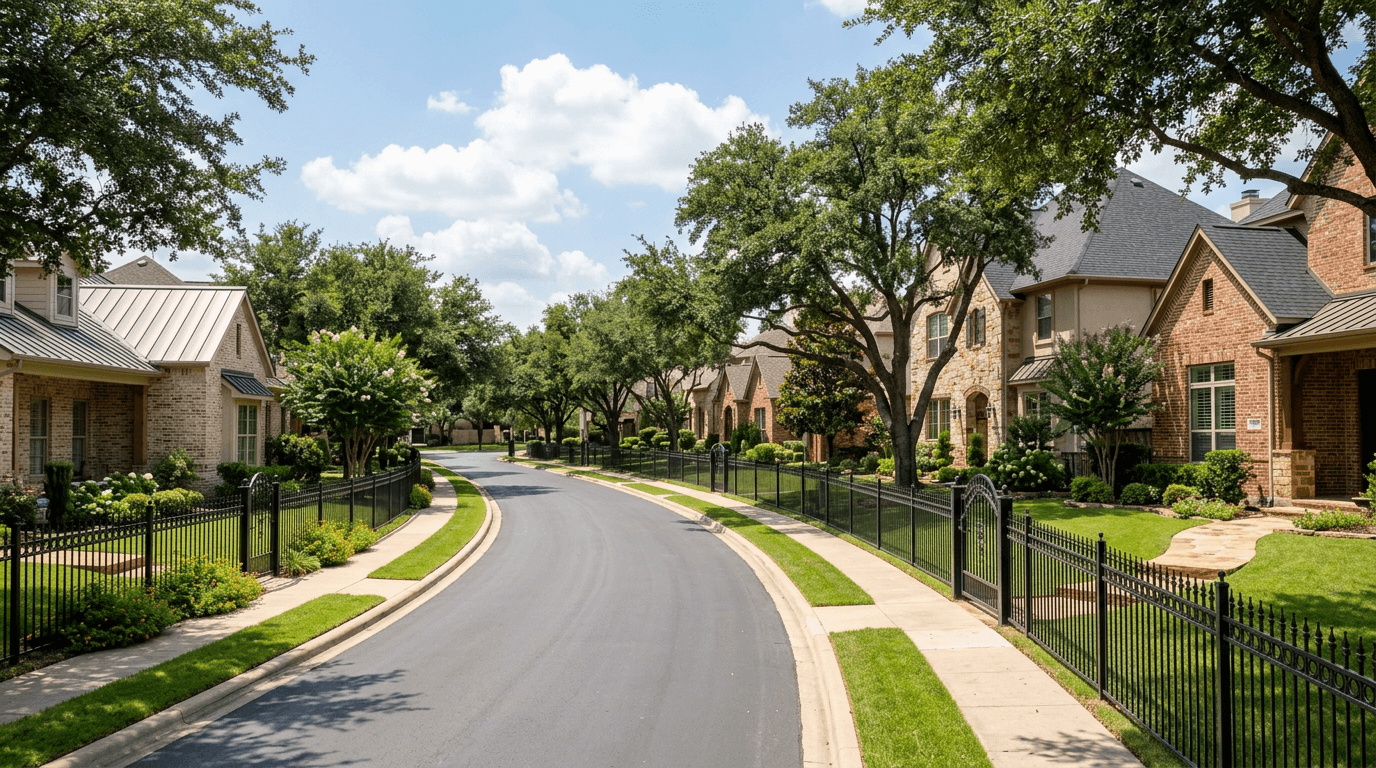 Tree-lined Texas suburban street with homes and ornamental black iron fences