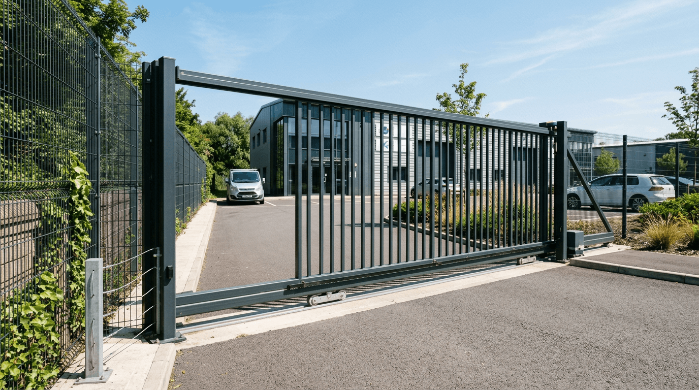Long steel cantilever sliding gate partly open along a paved commercial driveway