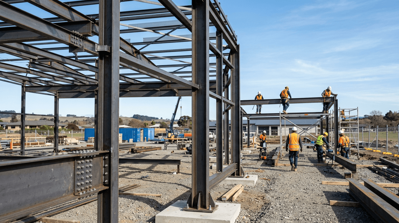 Structural steel beams and columns with bolted connection plates framing a small commercial building
