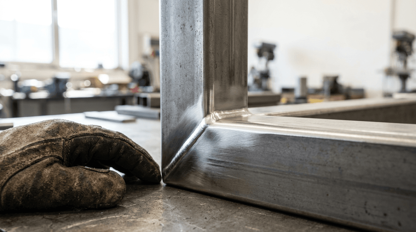 Close view of a clean welded corner joint between two thick square steel tubes