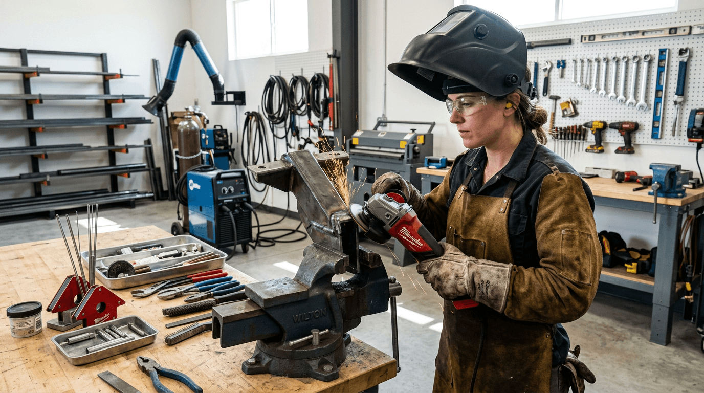 Fabricator grinding a repaired weld on a steel bracket held in a bench vise