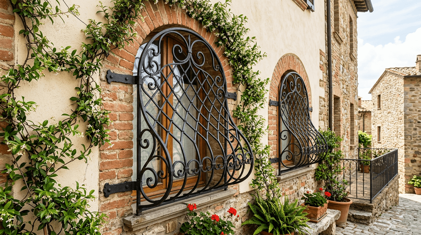 Black steel window guards with a lattice and scroll pattern over arched windows on a stucco facade